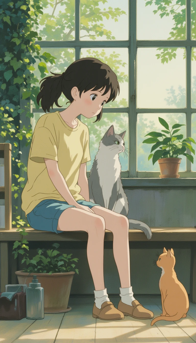 A girl and a cat sit and look at each other