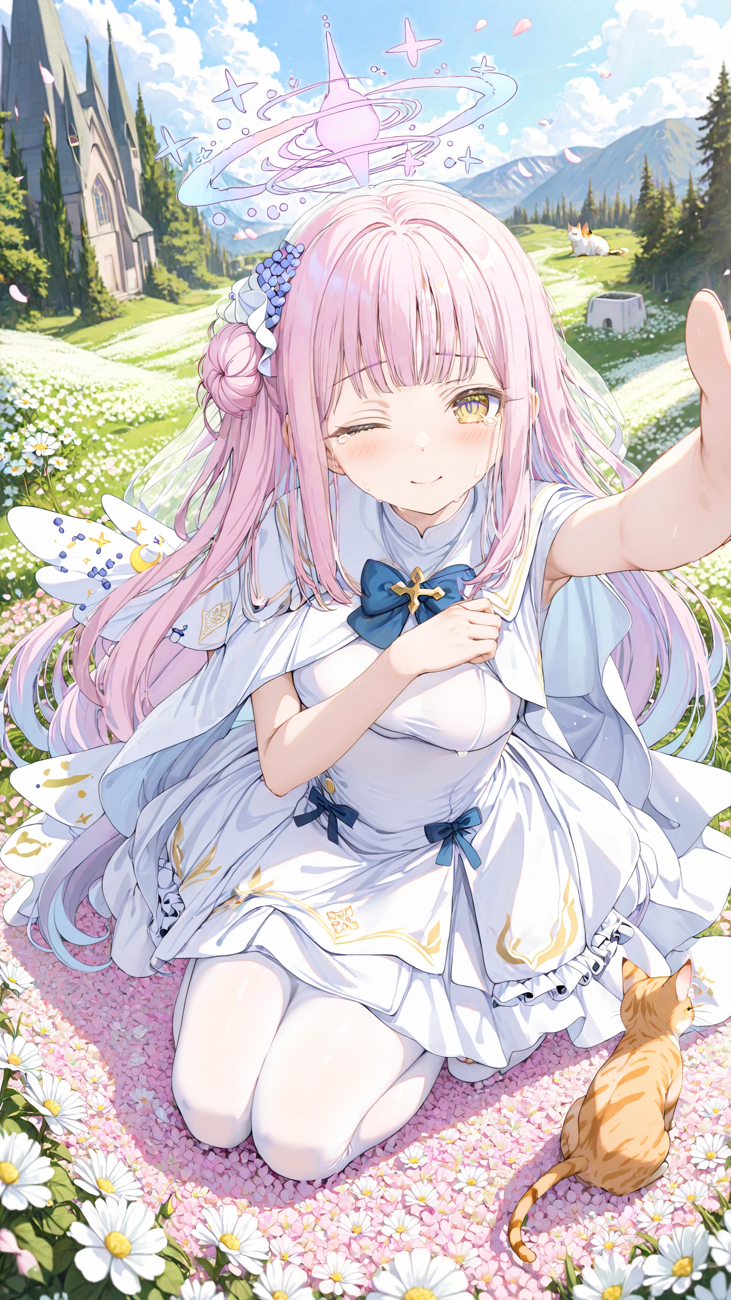 masterpiece, best quality, highres, scenery, depth of field, from above, mika \(blue archive\), 1girl, halo, bridal veil, orange eyes, one eye closed, looking at viewer, happy tears, streaming tears, closed mouth, outstretched arm, white pantyhose, seiza, white flower, flower field, rose petals, falling petals, cat,