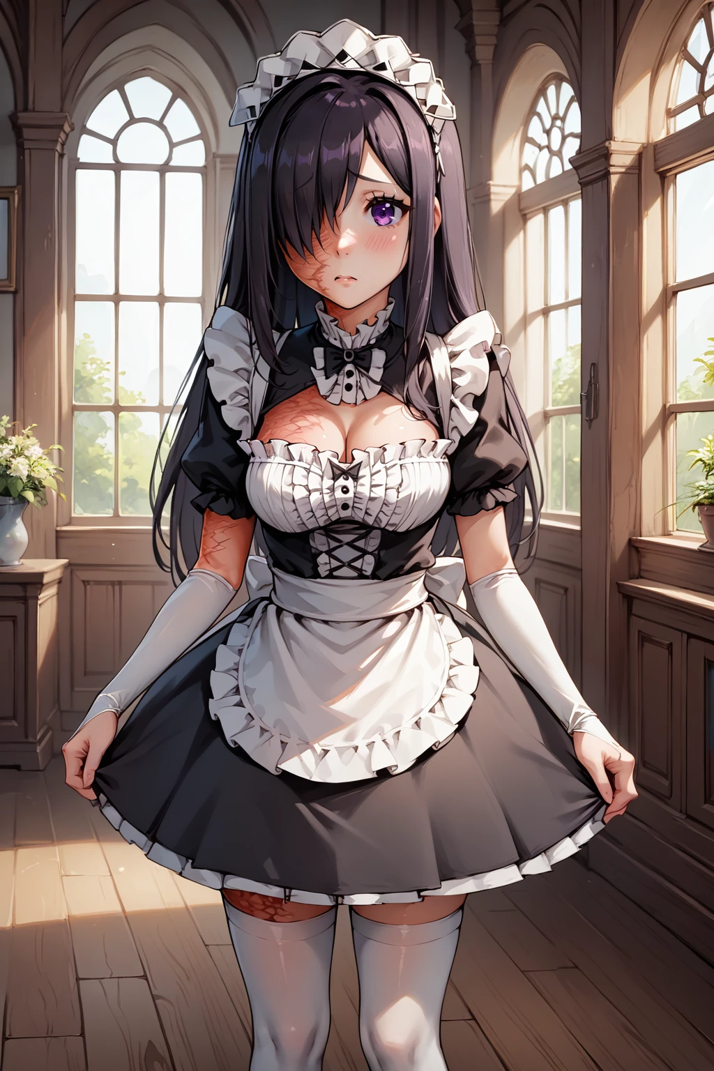 score_9, score_8_up, score_7_up, source_anime BREAK 1girl, solo, <lora:NSHanakoKatawa:1> NSHanakoMisc, purple eyes, hair over one eye, black hair, long hair, scar on face, headdress, maid uniform, shy, cleavage cutout, frills, puffy sleeves, black skirt, white thighhighs, indoors, bridal gauntlets