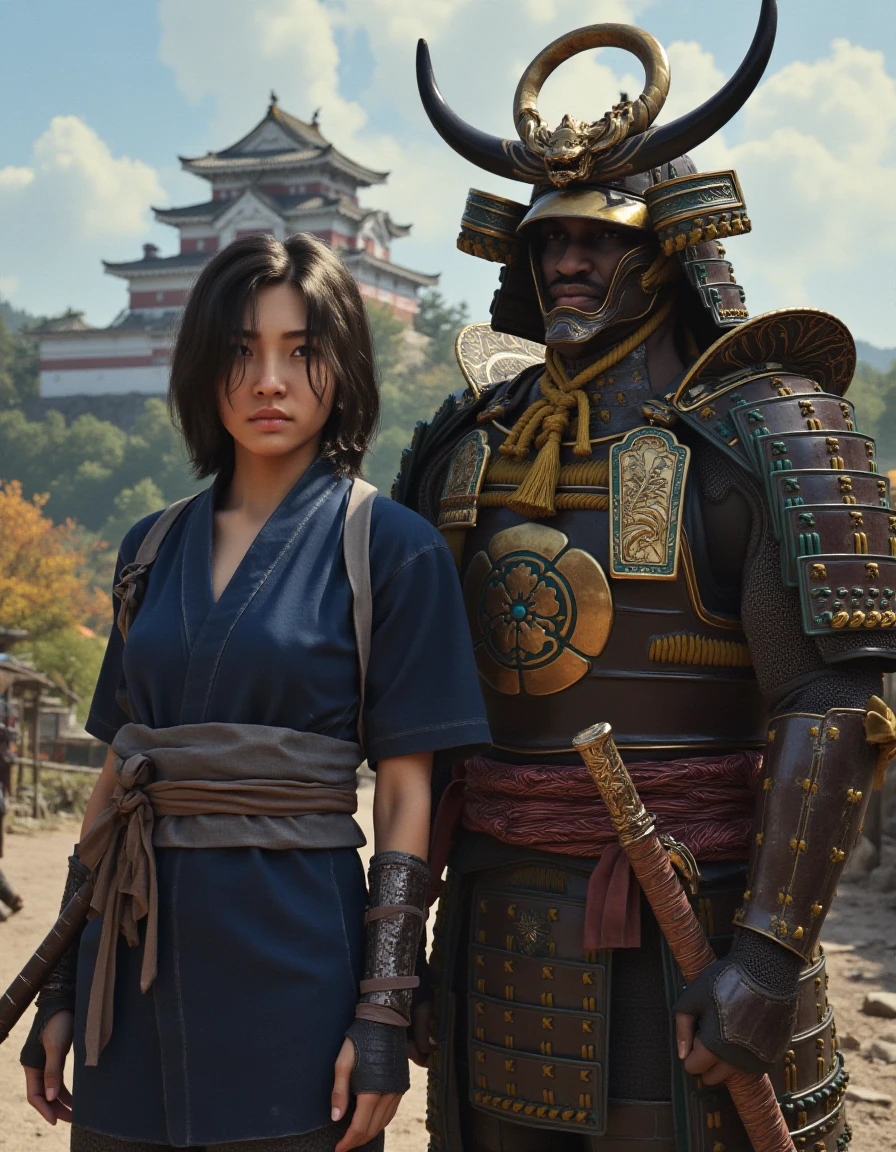 An oil painting of a ACNaoe woman with dark brown, shoulder-length, and slightly messy hair wearing a dark blue ninja outfit posing. To her right is next to a ACYasuke man in samurai armor who is much taller than the woman. They are standing in front of a Japanese castle with a feudal Japan setting