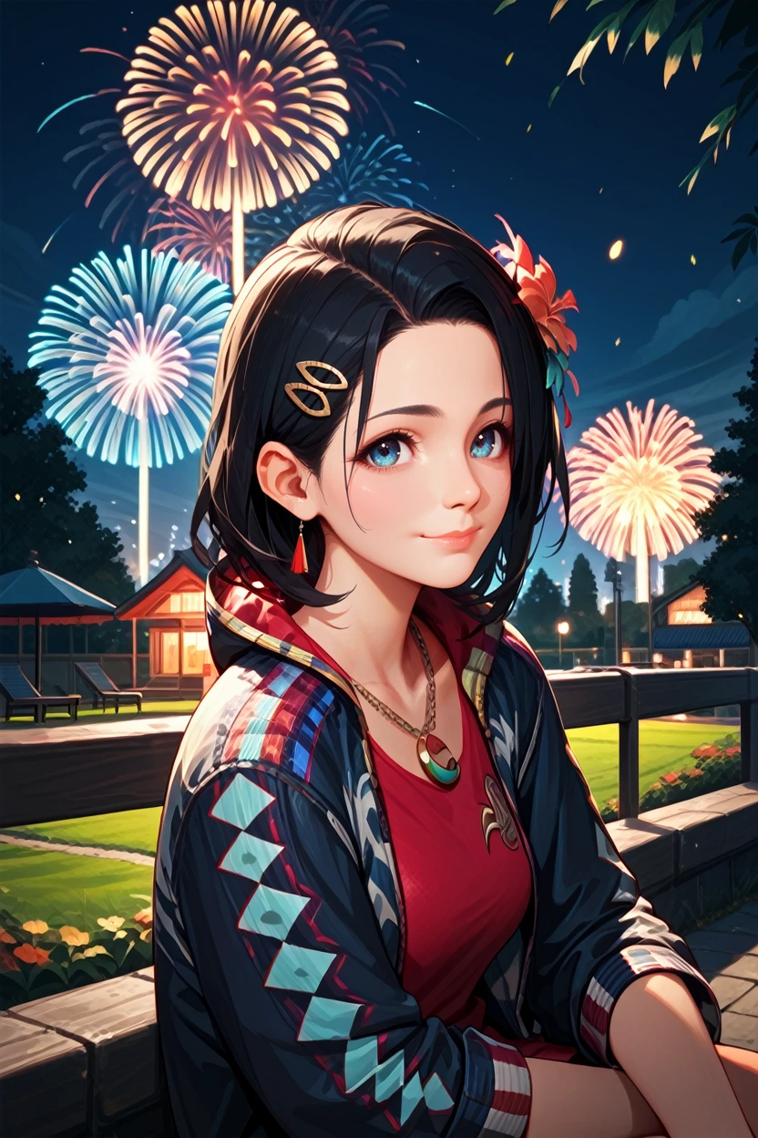 score_9, score_8_up, score_7_up, 
<lora:T8Azucena:0.8>
T8Azucena, 1girl, black hair, blue eyes, hair ornament, looking at viewer, sitting, at night, fireworks, park, looking up, smile