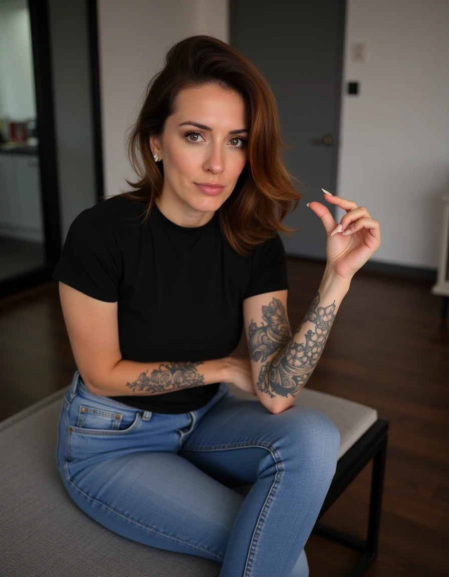 <lora:Small Penis Humiliation (Flux):1>,realistic,a woman wearing jeans and tshirt,sphf1ngers,looking at viewer,indoors,tattoo,sitting,