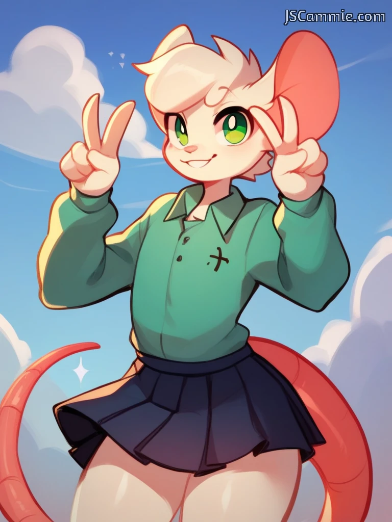 score_9, score_8, score_7, score_6, solo, reggie, male, white, white mouse, anthro furry, green eyes, turquoise shirt, black pleated skirt, looking at viewer, double v sign, smile