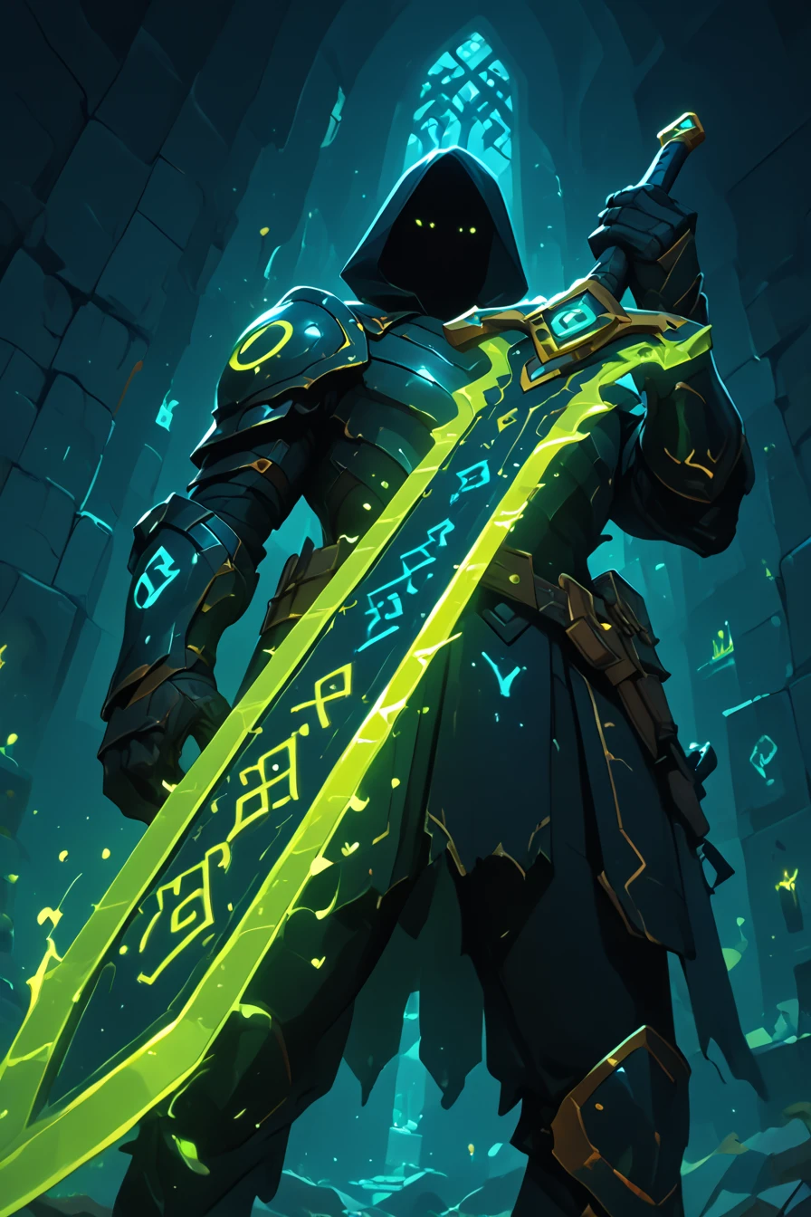 score_9, score_8_up, score_7_up, upscale 2x,(A man in armor holding a sword, the blade is outlined in glowing green and had glowing symbols along the blade, dungeon in background, runesword, low angle view, close up focus on the sword:1.2)