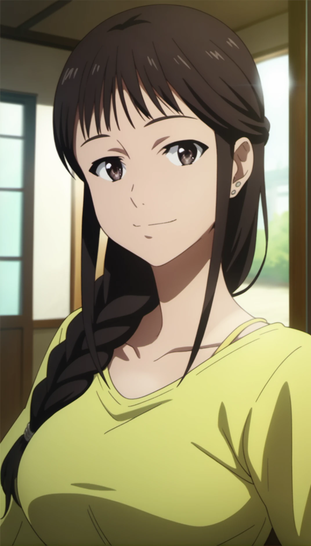 score_9,score_8_up,score_7_up,
<lora:MisatoSegawa:0.9>,
misato segawa,
1girl,solo,black hair,bangs,braid,
brown eyes,looking at viewer,smile,
earrings,yellow t-shirt,long sleeves,
(portrait:1.2),
blurry background,bloom,lens flare,vignetting,indoors,