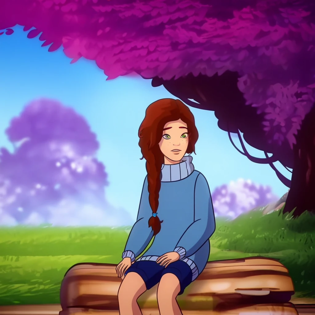 EmilyJones, side braid, light-skinned, brown hair, green eyes, amulet, freckles, solo, blue sweater, turtleneck, purple trees, blue sky, day, sitting on log