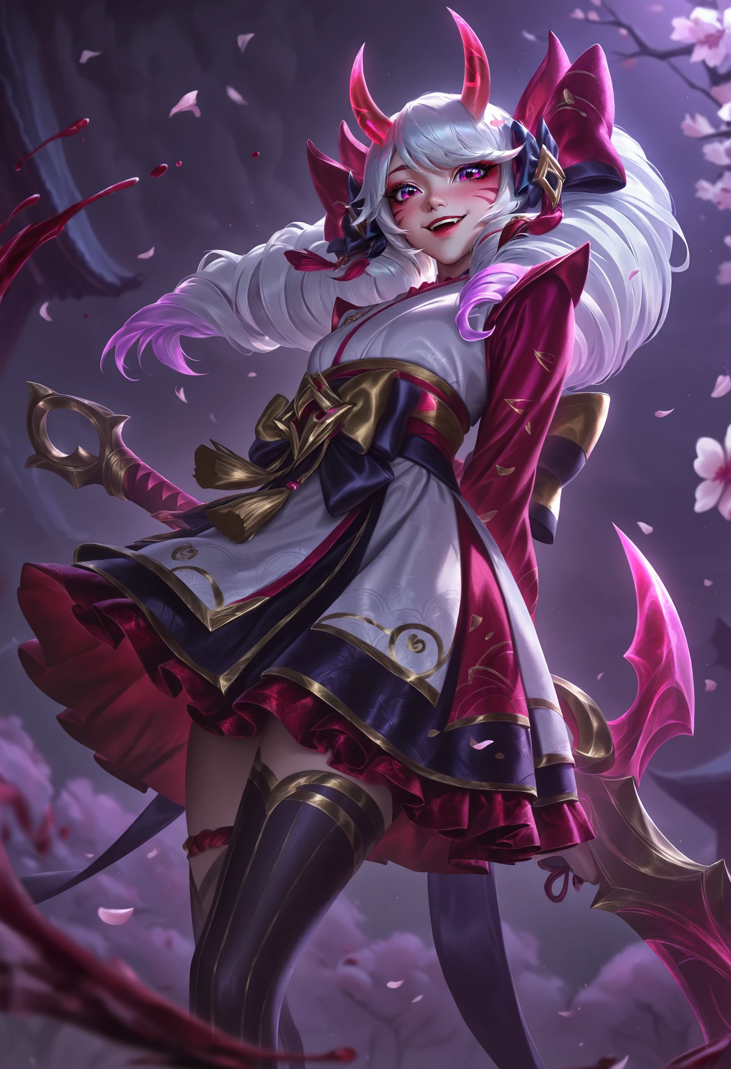 best quality, masterpiece \(quality\), L0LSPL4SH, year2024, year2023, blood moon, blood moon gwen, West Studio, sixmorevodka, gwen \(league of legends\), official alternate costume, smile, blush, happy, looking at viewer, scissors, huge weapon, twin drills, hair bow, kimono, japanese clothes, blurry foreground, blurry background, red clothing, white clothing, black clothing, arms behind back, cherry blossoms, night, white hair, oni horns, huge bow, thighhighs, thighlet, frilled skirt, <lora:L0LSPL4SH_IllustriousXLv01:1>