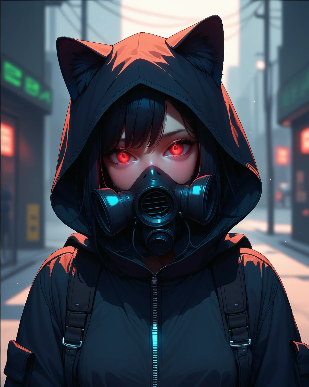 score_9, score_8_up, score_7_up, source_anime, 1girl, hood, animal ears, solo, hood up, black hair, red eyes, looking at viewer, mask, animal ear fluff, blurry background, blurry, cat ears, bangs, glowing, glowing eyes, outdoors, hooded jacket, gas mask, respirator, <lora:neonipixelnn:0.8> Pixel Art Neo-Noir