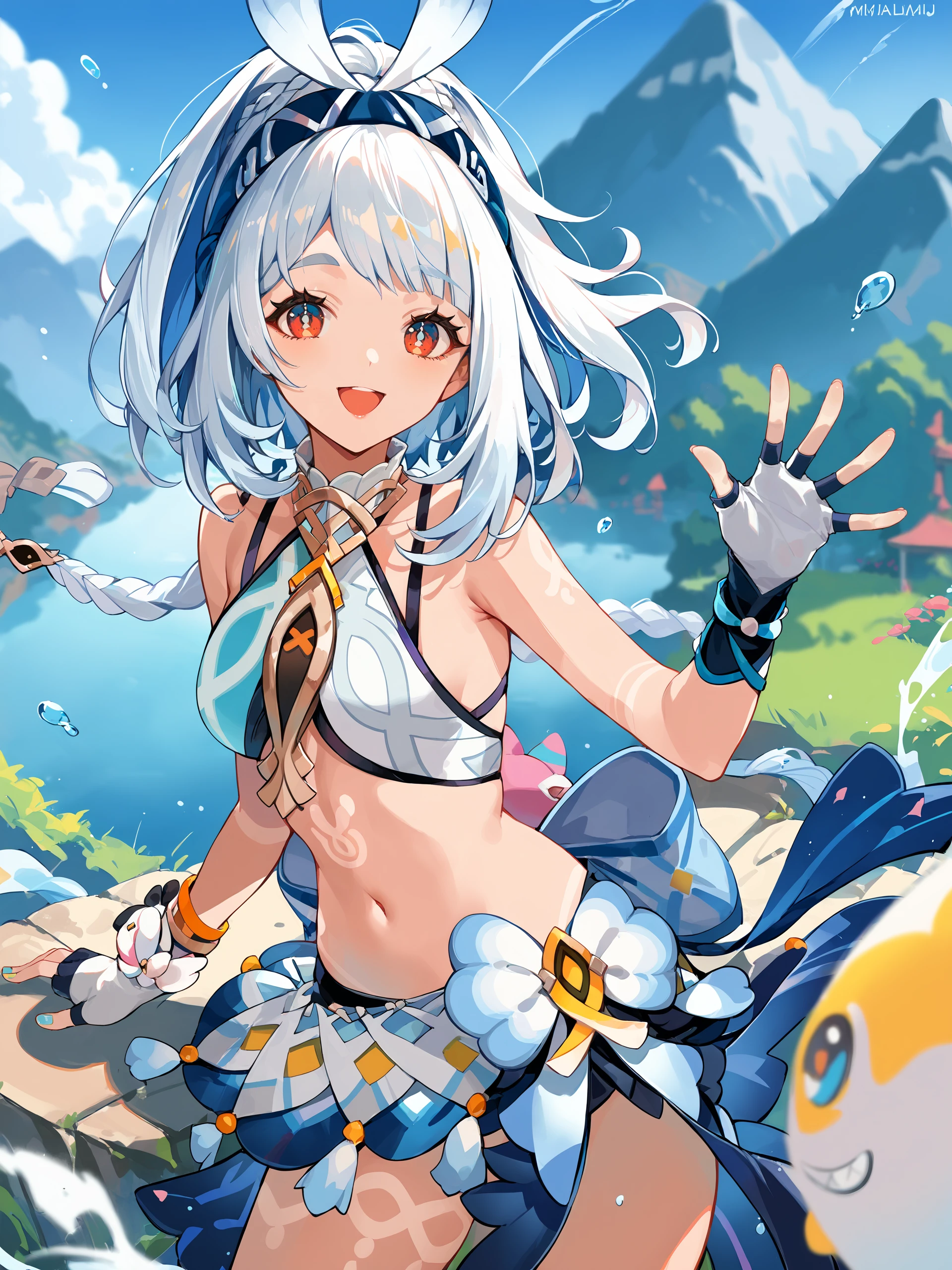 1girl, mualani \(genshin impact\), fingerless gloves, nail polish, crop top, bow hairband, sarong, waist bow, bodypaint, looking at viewer, smile, open mouth, cowboy shot, waving, mountainous horizon, scenery, depth of field <lora:Char-Genshin-Mualani-V1-Pony:0.9>, score_9, score_8_up, score_7_up, source_anime