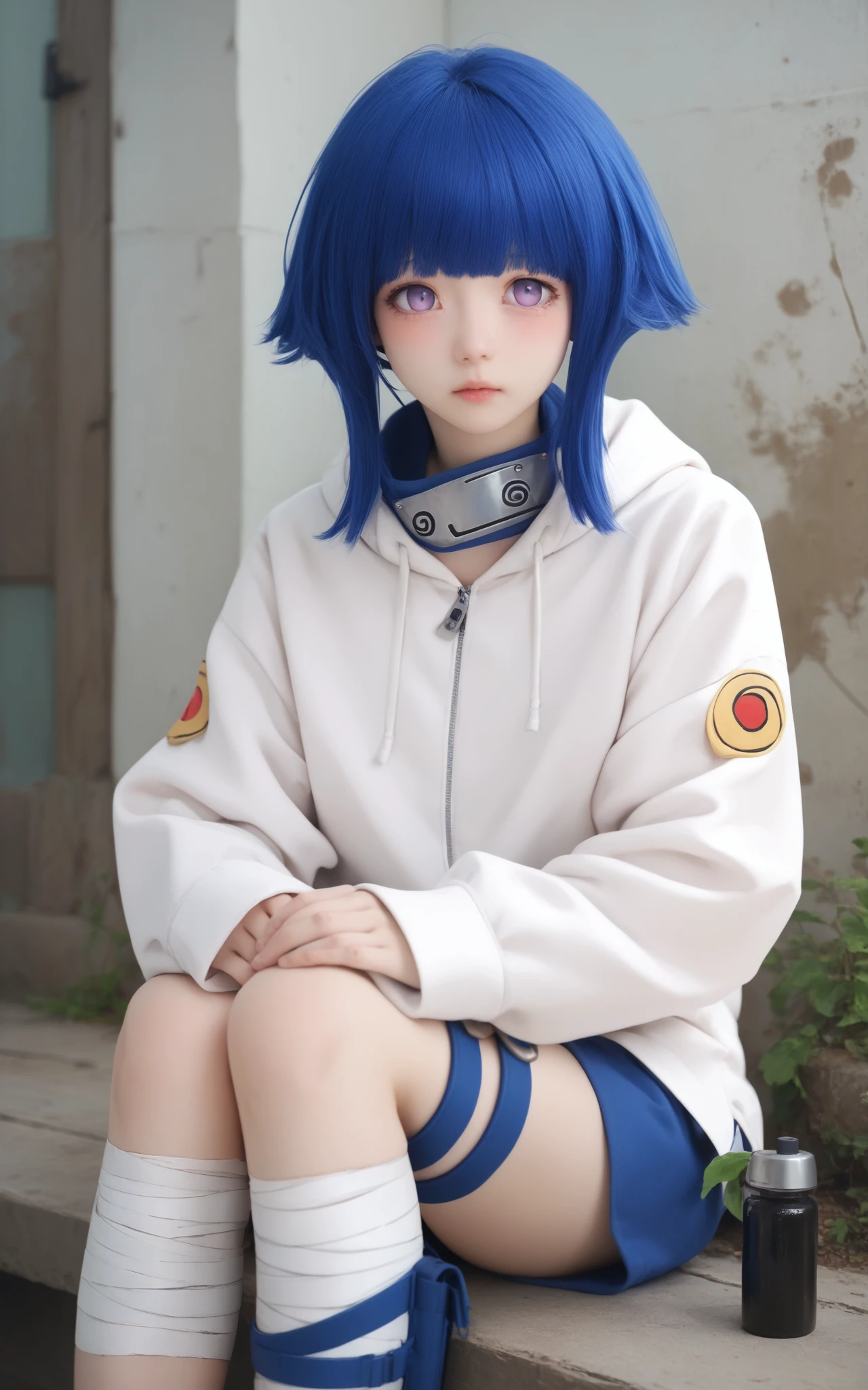 score_9,score_8_up,score_7_up,1girl,short hair,blue hair,purple eyes,no pupils,konohagakure symbol,forehead protector,hoodie,long sleeves,bandages,thigh holster,hyuuga hinata,<lora:hinata_cos_r1-000003:0.6>,realistic,sitting