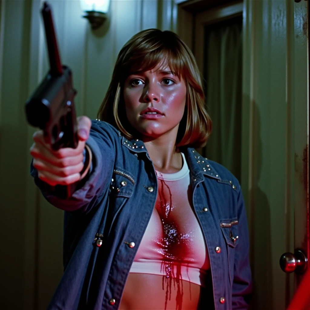 Cinematic,, harsh direct lighting, full body shot, girl wearing an 80s fashion outfit, short hair, denim jacket, she looks distressed and worried, she's wielding a gun and has blood on her clothes. ultra detailed textures, 80s photography, Ultracam 35mm, (grainy film:1), in camp crystal where jason voorhees lurks around