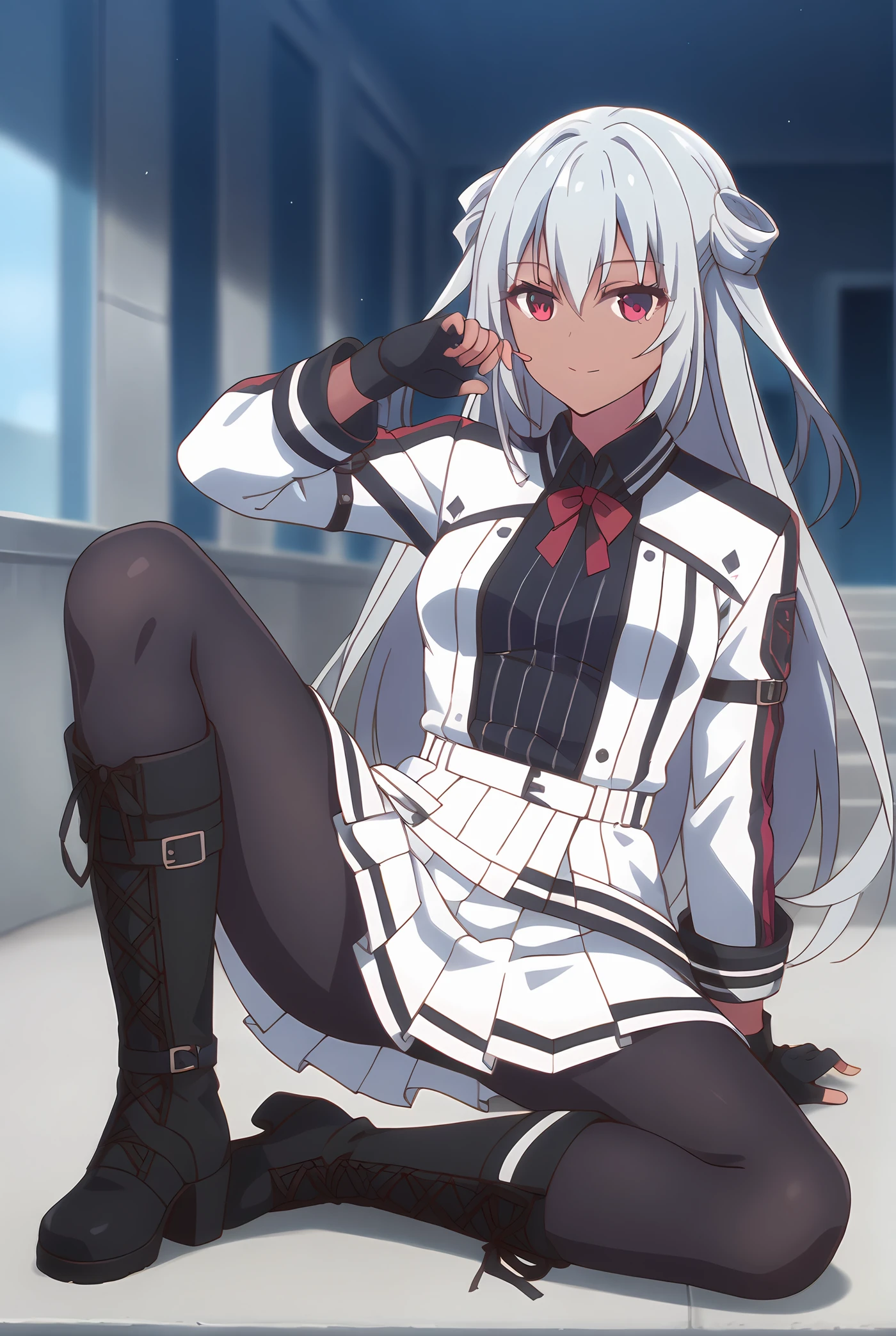 (white jacket white skirt black pantyhose fingerless gloves black boots:1.30), gg-kerlich, red eyes, grey hair, long hair, dark skin, medium breasts, 1girl, solo, skinny, score_9, score_8_up, score_8, score_7_up, score_7, score_6_up, score_6, score_5_up, score_5, source_anime, happy, , (:1.20), (:1.20), , <lora:gg-kerlich-V01-000003:0.90>