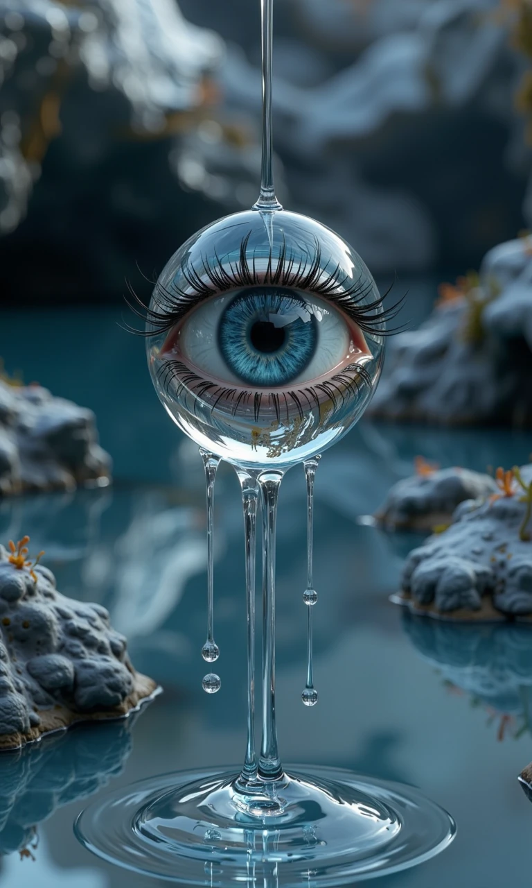 (masterpiece, best quality, very fine CG, intricate details: 1.2),
reflection, no humans, eye focus, 1other, melting, water, dripping, solo