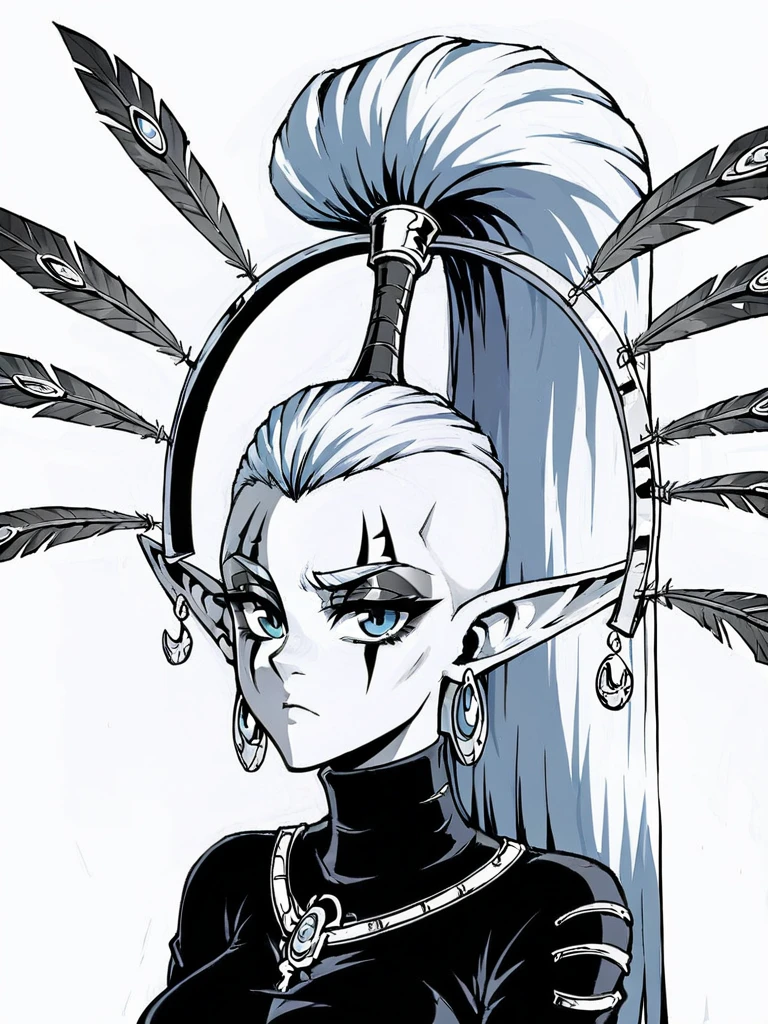 score_9, score_8_up, score_7_up, 
1girl,  yvraine, white hair, high ponytail, long ponytail, shaved head, pointy ears, blue eyes, 
eyeshadow, facial marks,
feather headdress, earrings,
monochrome,

upper body, black dress, long sleeves, turtleneck,  
looking at viewer, frown, white background, blue theme,