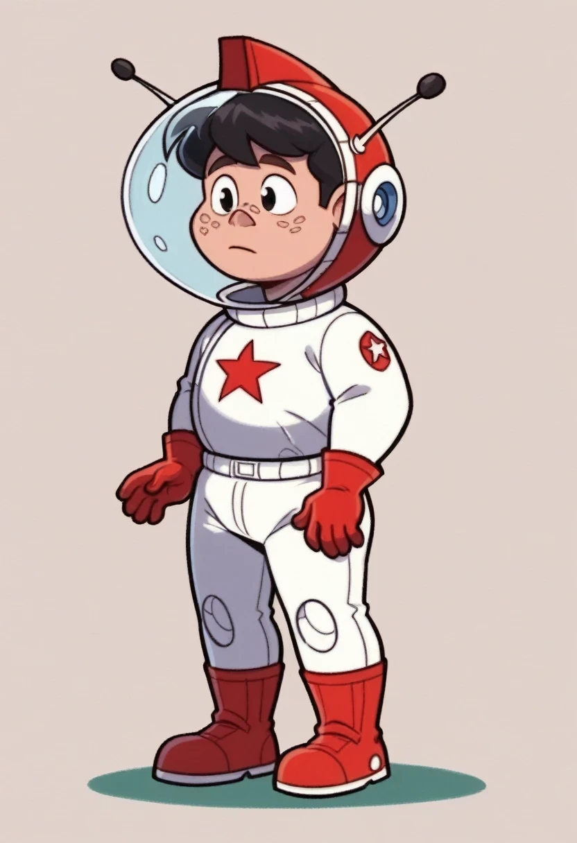 julio_jupiter, solo, black hair, 1boy, gloves, male focus, black eyes, helmet, red gloves, freckles, spacesuit, full body, legs, standing