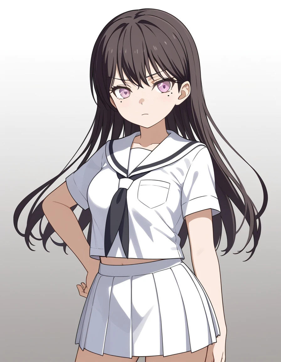 shiiina taki, 1girl, solo, looking at viewer, gradient background, cowboy shot, medium breasts, mole under eye, <lora:shiina_taki_PonyXL_v1.2:1>, white shirt, school uniform, serafuku, white sailor collar, white skirt, pleated skirt,
