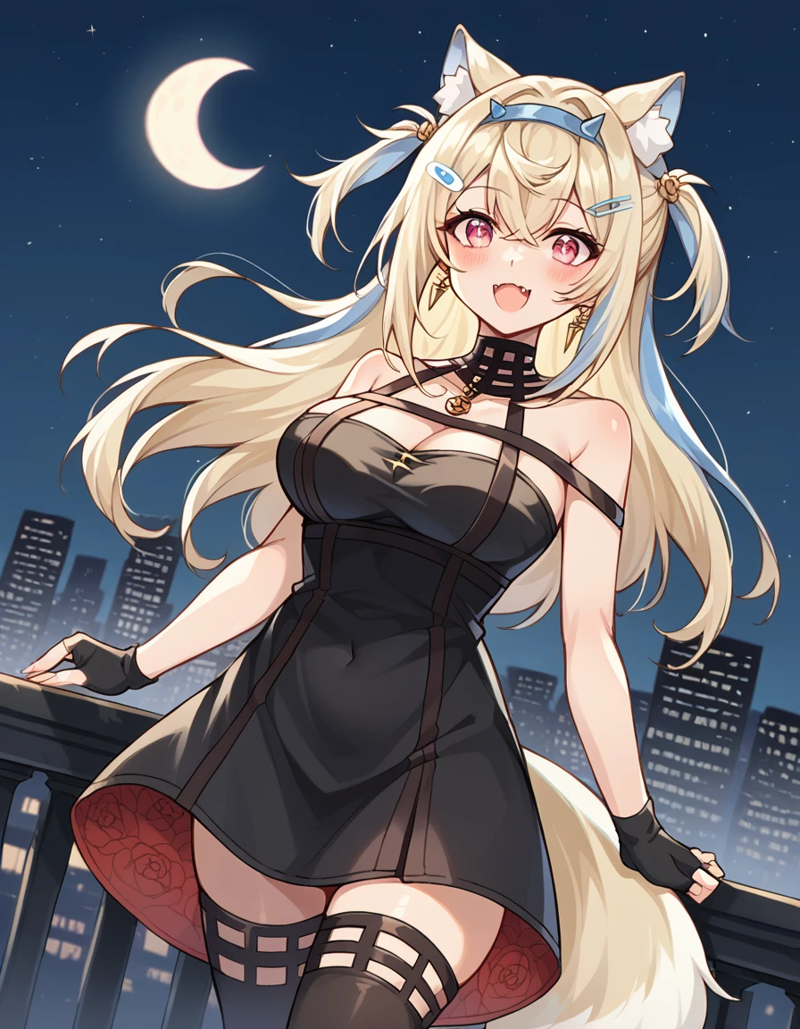 score_9, score_8_up, score_7_up, source_anime, <lora:fuwawa-abyssgard-ponyxl-lora-nochekaiser:1>, fuwawa abyssgard, animal ear fluff, animal ears, blonde hair, bandaid, bandaid hair ornament, pink eyes, dog ears, dog girl, dog tail, double-parted bangs, blue hairband, fake horns, fangs, hair between eyes, hairband, hairclip, horns, long hair, large breasts, multicolored hair, blue hair, streaked hair, two side up, crossed bangs,, <lora:yor-briar-cosplay-ponyxl-lora-nochekaiser:1>, yorbriarcosplay, yor briar (cosplay), bare shoulders, black dress, black gloves, cleavage, dress, earrings, gloves, gold earrings, hair ornament, hair band, jewelry, bare shoulders, collarbone, fingerless gloves, thighhighs, black thighhighs,, cityscape, night, moon, blush, smile, , cowboy shot, dutch angle