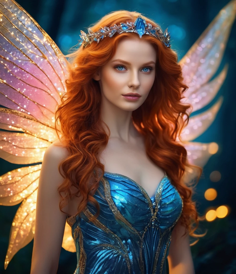 role-playing game (RPG) style fantasy beautiful woman,fairy of fire,the most beautiful and mesmerising fairy with sparkling fire wings that looks like they are glowing, the wings sparkles in all the colors that captures the eye, the fairy has very long ginger hair. wears a hot dress in blue and pink that sparkles, in a shear transparant fabric that sparkles as it flows in the wind.glowing blue eyes. fantasy. iridescent. iluminescent. beautiful. ral-watce, hkmagic, fsstyle, masterpiece, best quality, realistic, very clear, photorealistic, cinematic, ultrarealistic, Bokeh. detailed, vibrant, immersive, reminiscent of high fantasy RPG games, magic light, marvelous composition, intricate, elegant, luxurious, dynamic, highly decorated, rich deep aesthetic, dramatic ambient color, great complimentary atmosphere, perfect professional, spectacular, creative, positive, unique, pure, wonderful, awesome, illuminating, pretty, attractive, cute, spiritual, fancy, charming, lovely, fabulous, brilliant, flowing, bright, illuminated