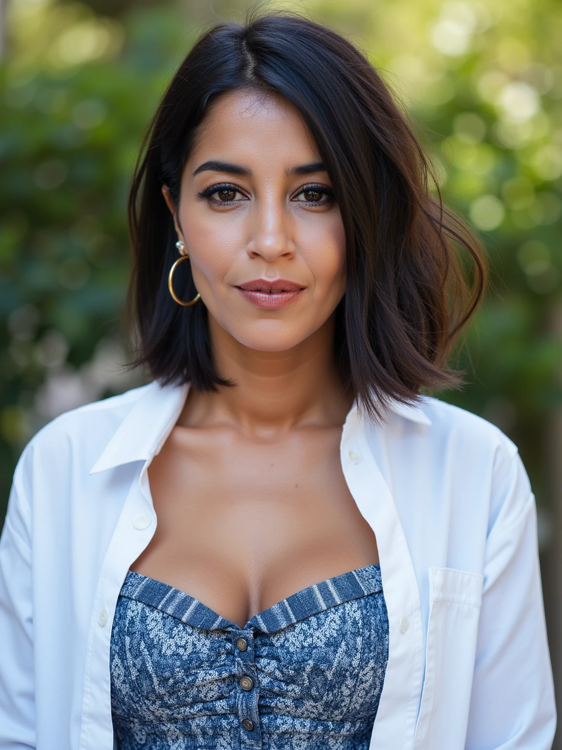 this is leilabekhti.
This is a high-resolution photograph of leilabek, a woman probably in her 30s, with a medium-light skin tone and a slender build. She has a medium-length, dark brown bob haircut that falls just above her shoulders and is styled in loose waves. Her facial features include almond-shaped eyes accentuated with dark eyeliner and mascara, a straight nose, full lips with a subtle pink tint, and a small, delicate nose ring. She is wearing a white button-up shirt with the sleeves rolled up, a blue and white,intricately patterned corset-like top over it. The corset is made of a fabric with a textured, almost quilted pattern in shades of blue and white, giving it a sophisticated, slightly vintage look. She accessorizes with a pair of thin, gold hoop earrings and a subtle, natural makeup look. The background is slightly out of focus, but appears to be an outdoor setting with a natural, possibly green, light source, suggesting a sunny day. <lora:Leila-Bekhti_Flux1D_LOREVER:1>