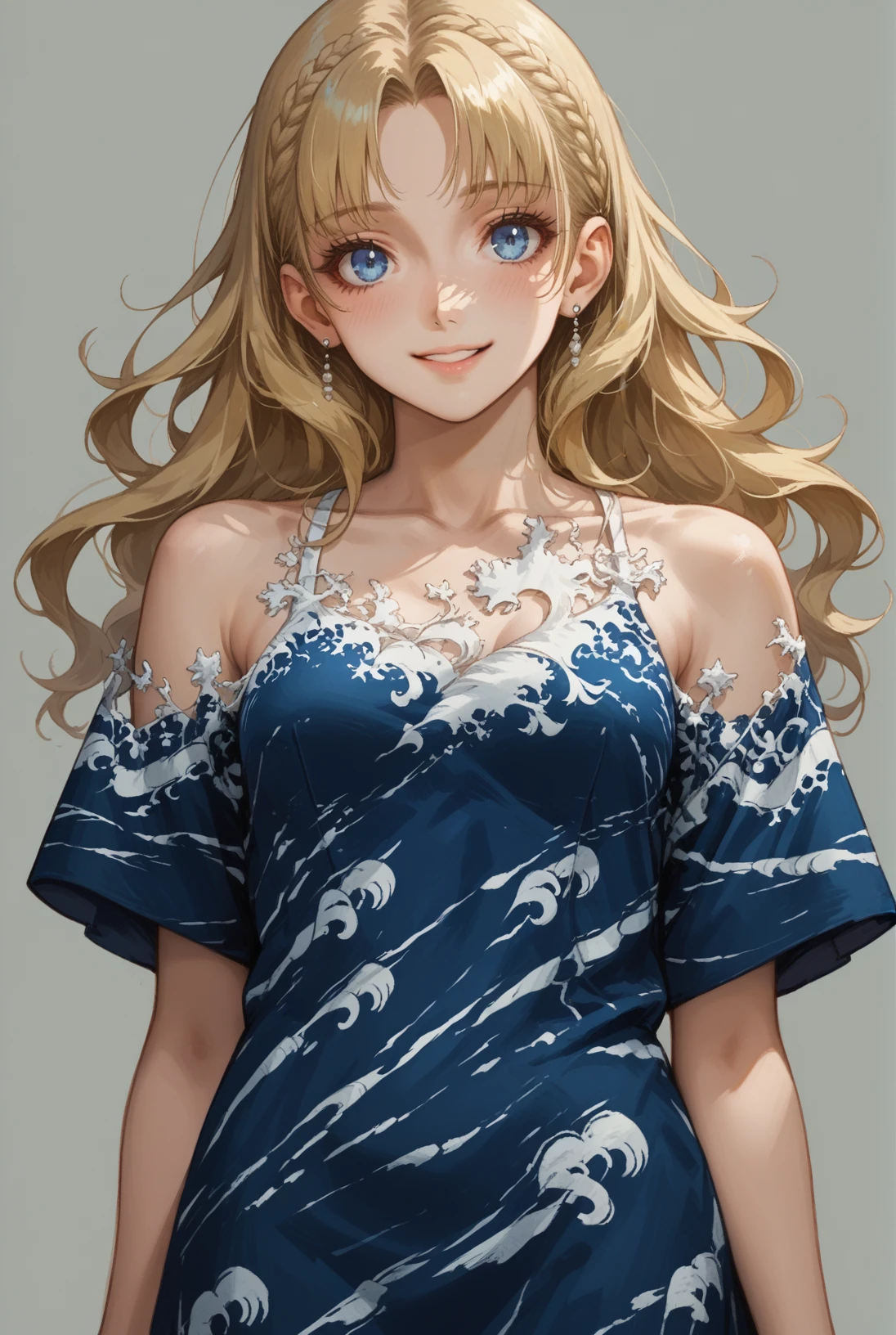 Score_9, Score_8_up,Score_7_up, Score_6_up,Score_5_up, Score_4_up, Source_anime, Rating_safe, Persona_3 style, Shigenori_Soejima_Artwork,1girl,long blonde hair, medium breasts, fleshy, meaty, navy_blue eyes, smile, <lora:Japan_Design_Hokusai_Dress:0.6> white pattern, loose sleeves, bare shoulders, short sleeves, off-shoulder dress,