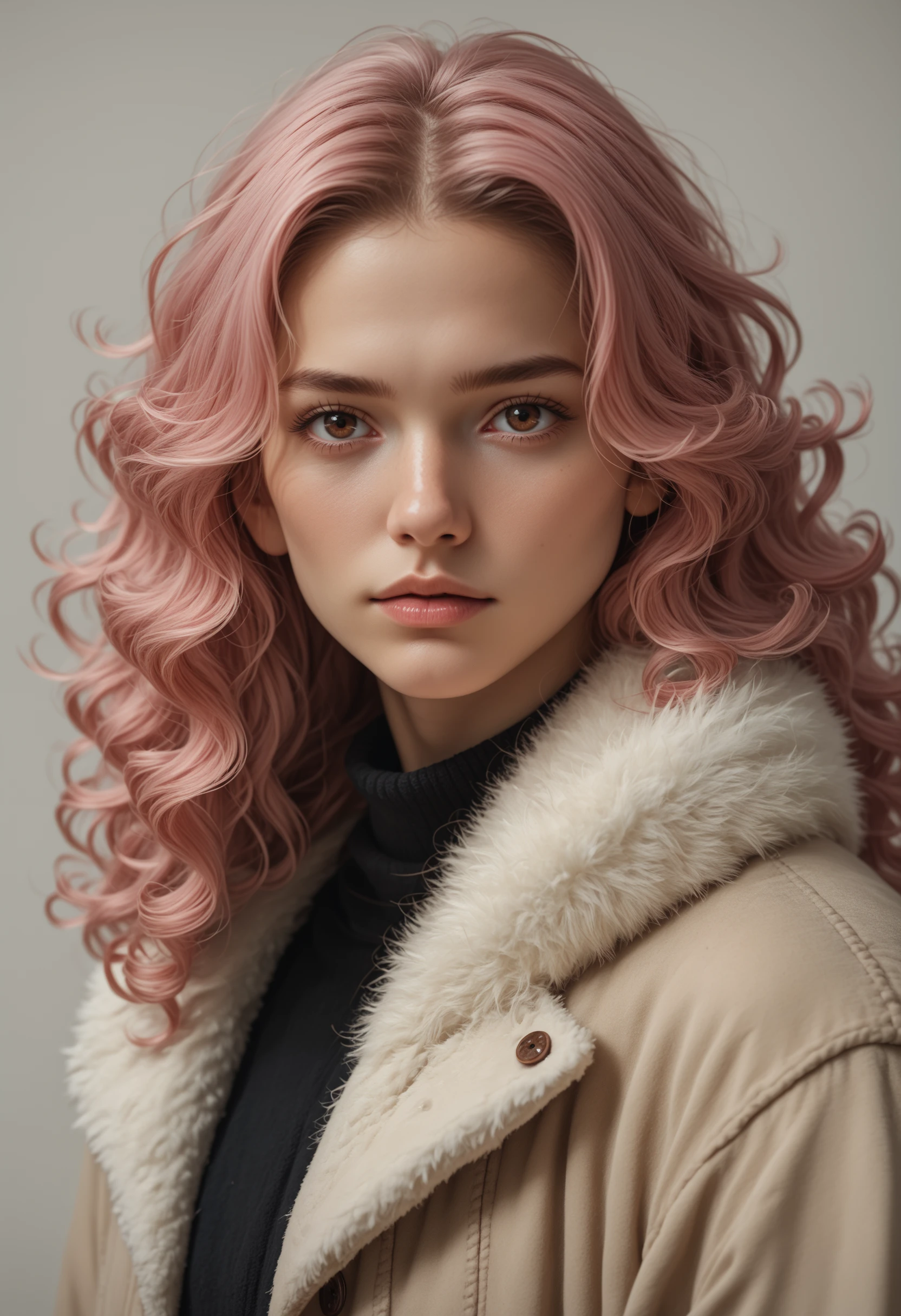 1girl, solo, pink hair, curly hair, brown eyes, fur trim, long hair, 1960s photography, BREAK Score_PnyReal