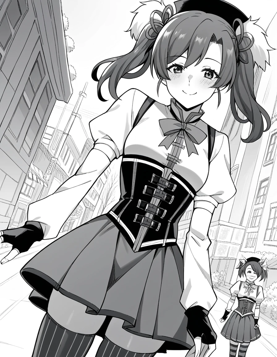 score_9, score_8_up, score_7_up, source_anime, <lora:gaffe-takaman-zuikaku-manga-ponyxl-lora-nochekaiser:1>, zuikaku, ribbon, twintails, monochrome, hair ribbon, greyscale, small breasts, mature female,, <lora:mami-tomoe-cosplay-ponyxl-lora-nochekaiser:1>, mamitomoecosplay, tomoe mami (cosplay), black gloves, black headwear, black thighhighs, brown skirt, detached sleeves, fingerless gloves, gloves, magical girl, pleated skirt, puffy short sleeves, short sleeves, skirt, corset, striped clothes, striped thighhighs, white shirt, white sleeves, ribbon,, outdoors, street, smile, blush, , cowboy shot, dutch angle