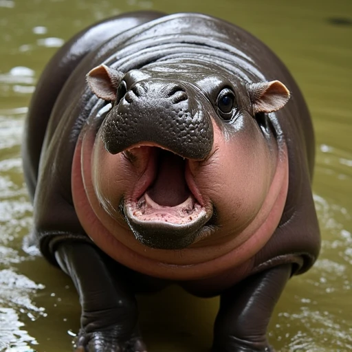 particularly around its mouth and belly. Its eyes are large and round, suggesting it might have been in water recently. The skin has a rough texture with visible folds and creases, appears to be yawning or vocalizing. Its skin is a dark brown color with lighter pinkish tones on its belly and under its mouth. The texture of the hippo's skin appears rough and slightly wrinkled., showcasing its characteristic wrinkled, The image is a high-resolution photograph featuring a moo deng baby hippopotamus calf, and its snout is short and wide, wrinkled, stands protectively over her baby. The calf