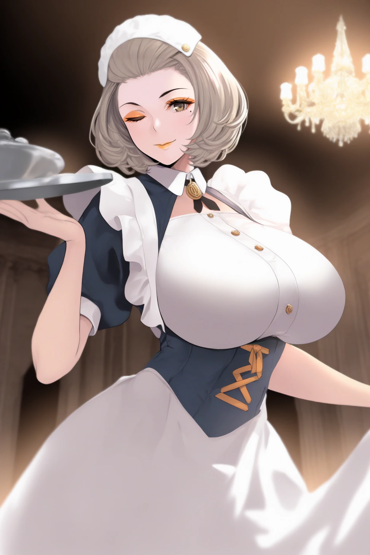 masterpiece, best quality, very aesthetic, illustration, (marushin:0.6), 1girl, solo, <lora:manuela-illu-nvwls-v1-000005:1> mlaDef, short hair, mole under eye, eyeshadow, lipstick, huge breasts, maid headdress, maid dress, puffy sleeves, wink, looking at viewer, mansion, chandelier, holding tray