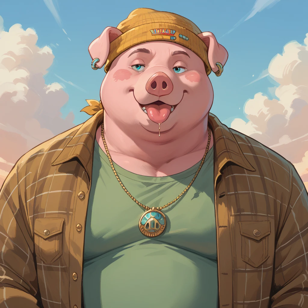 score_9, score_8_up, score_7_up, by dramamine, solo, pig, hat, jewelry, necklace, upper body, shirt, jacket, tongue out, tongue, 1boy, male focus, sky, plaid, beanie, colored skin, no humans, open clothes, green shirt, yellow headwear