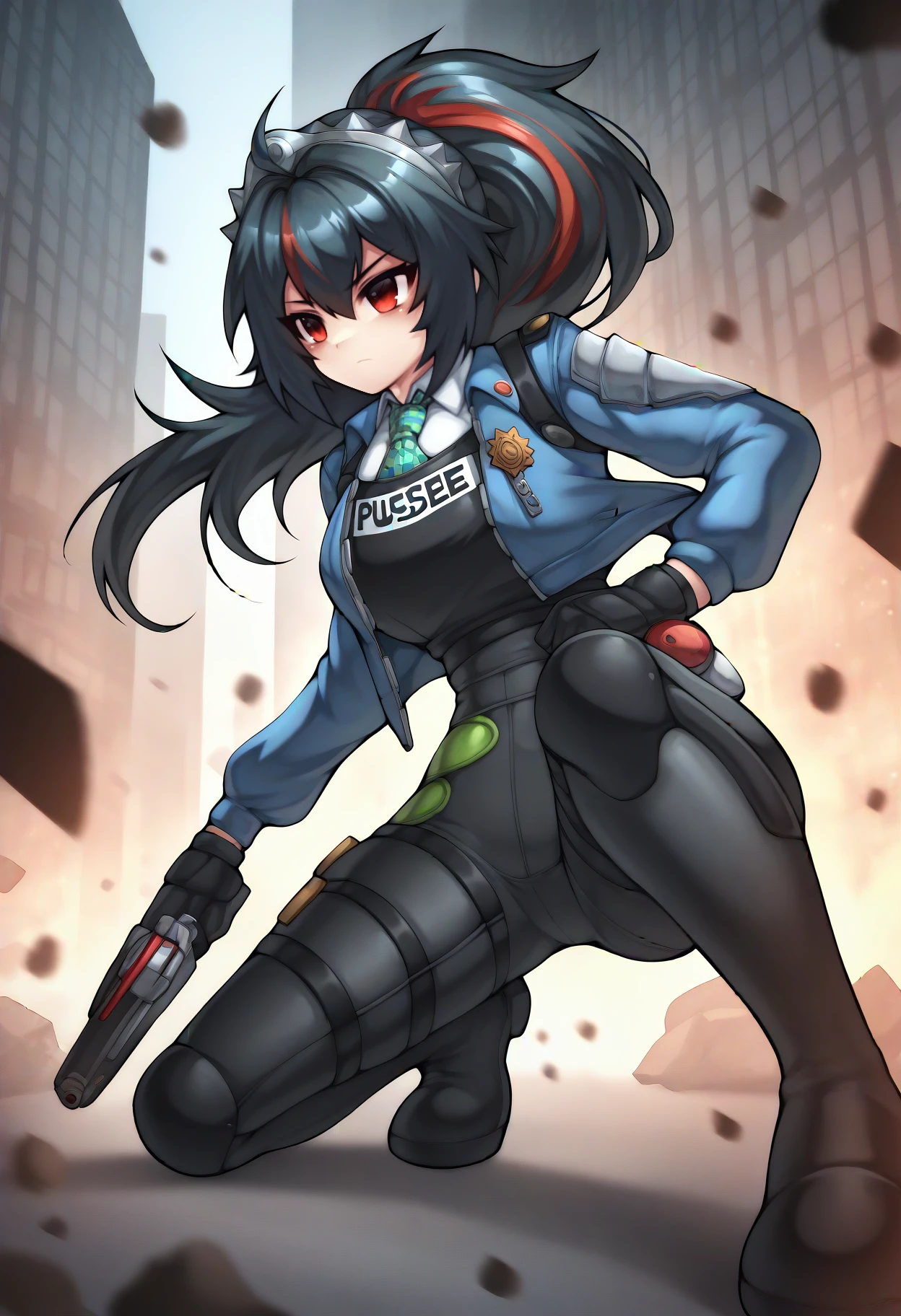 (emperpep:0.6), masterpiece, best quality, solo, 1girl, zhu yuan, serious, looking away, on one knee, holding gun, handgun, ponytail, red eyes, police uniform, blue jacket, cropped jacket, open jacket, long sleeves, black gloves, black vest, white shirt, collared shirt, checkered necktie, black pants, tight pants, high-waist pants, outdoors, city, debris, fire
<segment:yolo-face_yolov8m.pt,0.4,0.5//cid=1>