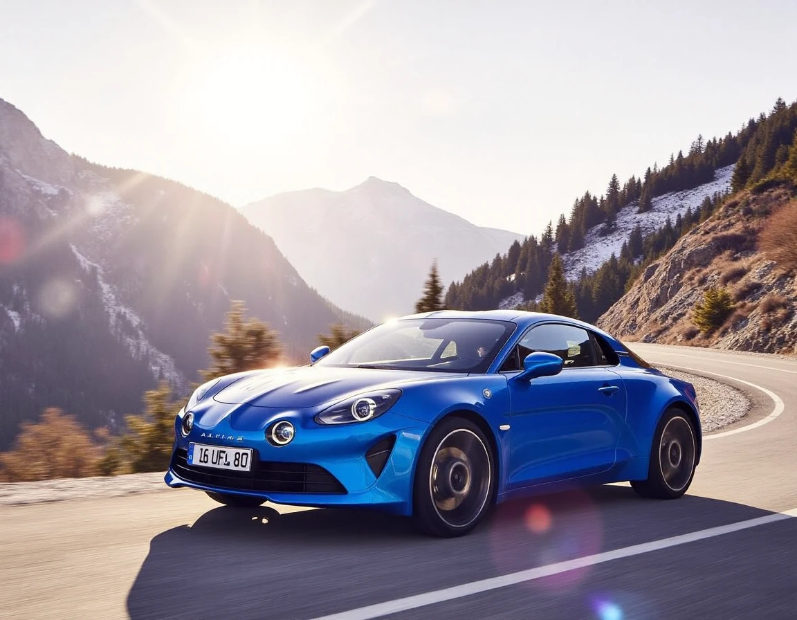 The Alpine A110 is captured in motion, racing along a cliffside road overlooking a deep valley in the Alps. The shot is taken from a low angle, highlighting the smooth curves of the car's body as it cuts through the crisp, mountain air. Rays of sunlight burst through the clouds, reflecting off the carâs pristine, pearlescent finish. Snow-dusted evergreens line the road, and a mist rises from the valley below, adding a sense of speed and intensity to the scene. The carâs sharp headlights pierce through the mist, embodying power and precision.
It writes "16 UFU 80" on the license plate.
 <lora:uai_AlpineA110_v206:1>