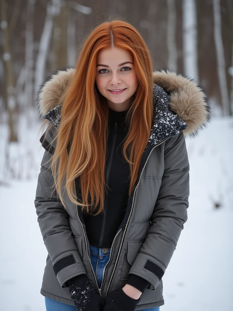 undressing a (black|asian|redhead|blonde) woman, removing her winter clothes, snow, outdoors