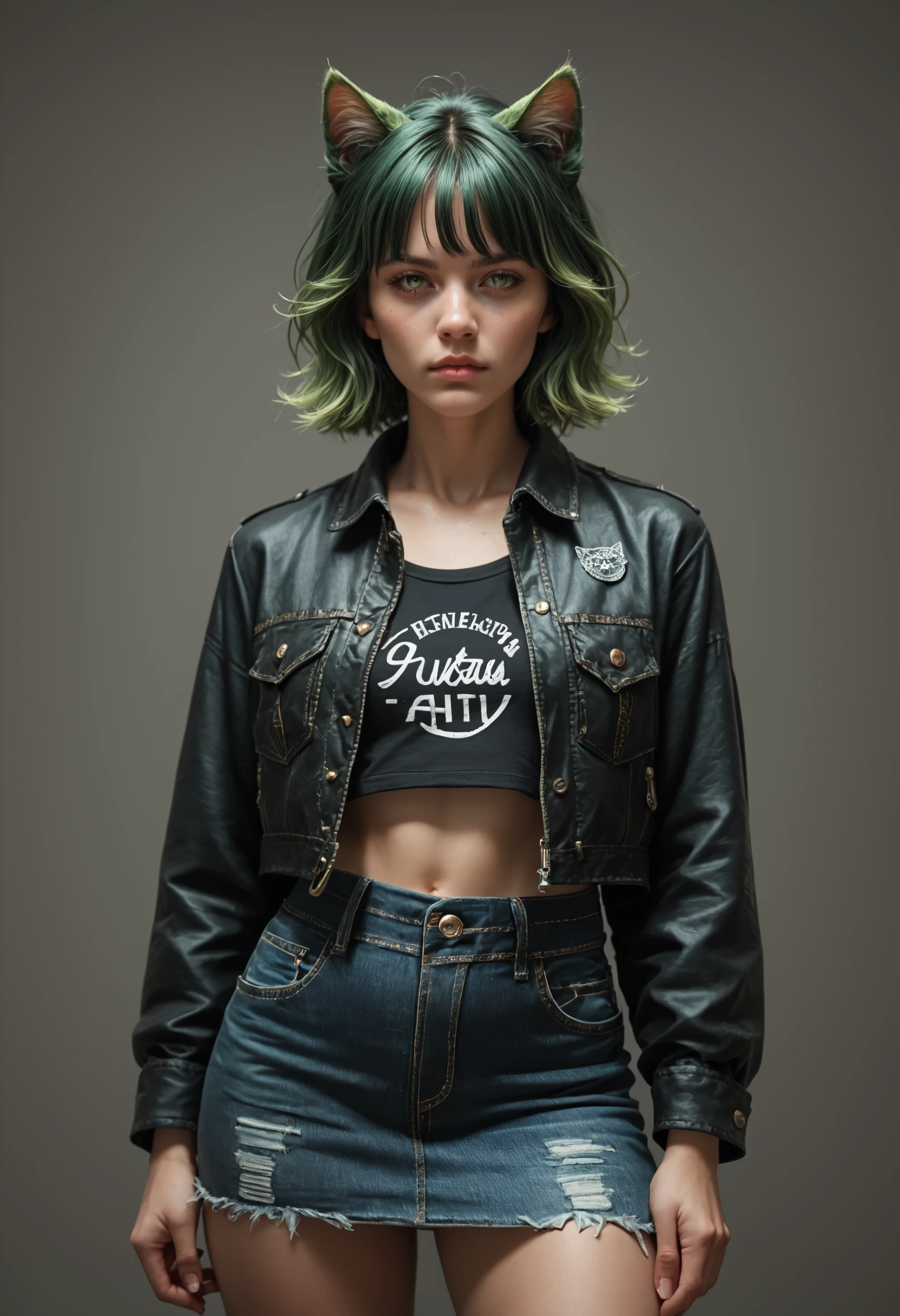 a woman with green hair, she's a catgirl, black jacket, denim skirt  Score_PnyReal