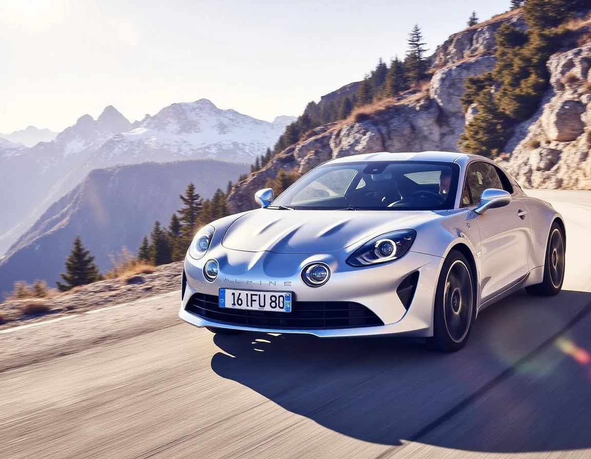 The Alpine A110 is captured in motion, racing along a cliffside road overlooking a deep valley in the Alps. The shot is taken from a low angle, highlighting the smooth curves of the car's body as it cuts through the crisp, mountain air. Rays of sunlight burst through the clouds, reflecting off the carâs pristine, pearlescent finish. Snow-dusted evergreens line the road, and a mist rises from the valley below, adding a sense of speed and intensity to the scene. The carâs sharp headlights pierce through the mist, embodying power and precision.
It writes "16 UFU 80" on the license plate.
 <lora:uai_AlpineA110_v206:1>