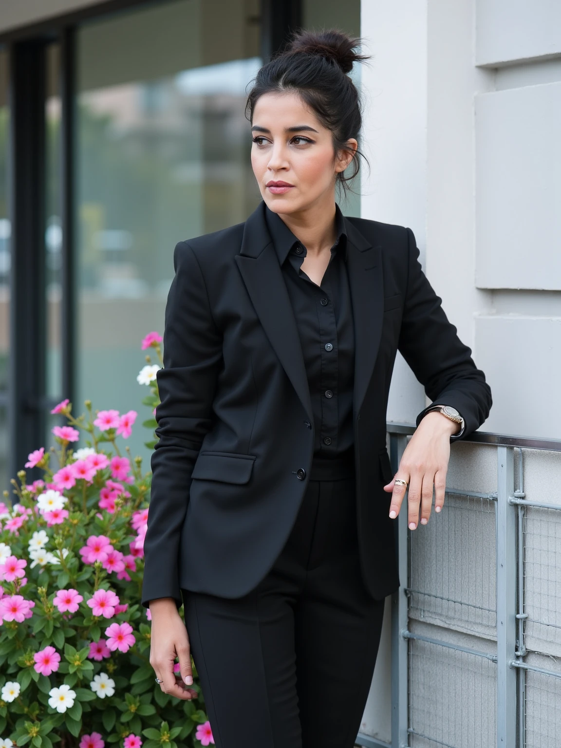 this is leilabekhti.
The image is a high-resolution photograph featuring leilabek, a woman standing outdoors on a balcony or terrace. She is leaning against a railing with a metal grid pattern, her right hand resting on the railing and her left hand hanging down. She is dressed in a sleek, tailored black suit, consisting of a fitted blazer and matching trousers. The suit is made of a smooth, matte fabric, giving it a polished appearance. Underneath the blazer, she wears a black button-down shirt, which is not visible due to the blazer. Her hair is dark and styled in a neat, high bun, with a few loose strands framing her face. She has a serious, contemplative expression, gazing off to the side.
The background features a modern building with a white wall and large glass doors, hinting at an urban setting. There is a vibrant display of flowering plants to her left, with pink and white flowers adding a pop of color against the predominantly neutral tones of the scene. <lora:Leila-Bekhti_Flux1D_LOREVER:1>