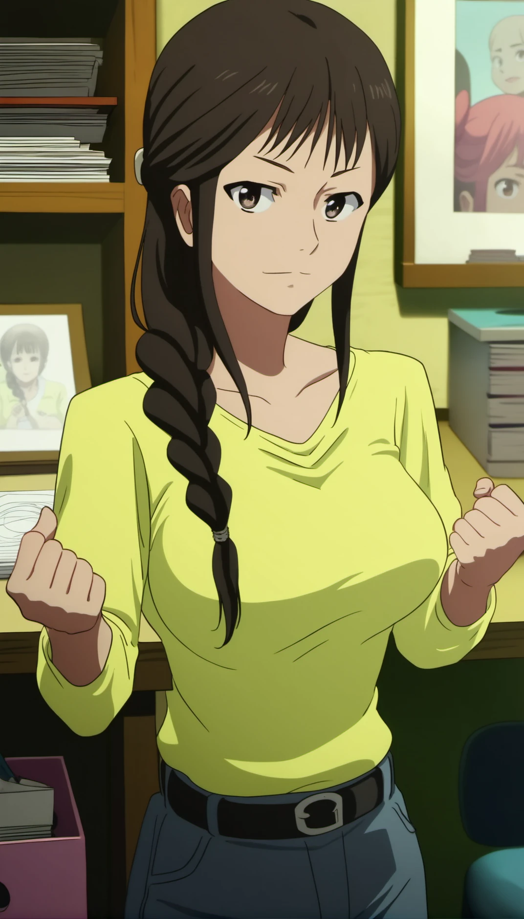 score_9,score_8_up,score_7_up,
<lora:MisatoSegawa:1>,
misato segawa,
1girl,solo,black hair,bangs,braid,brown eyes,looking at viewer,confident,yellow t-shirt,long sleeves,portrait,clenched hand,
blurry background,bloom,lens flare,vignetting,indoors,workspace, shelves in background, desk with scattered items, whiteboard with sketches