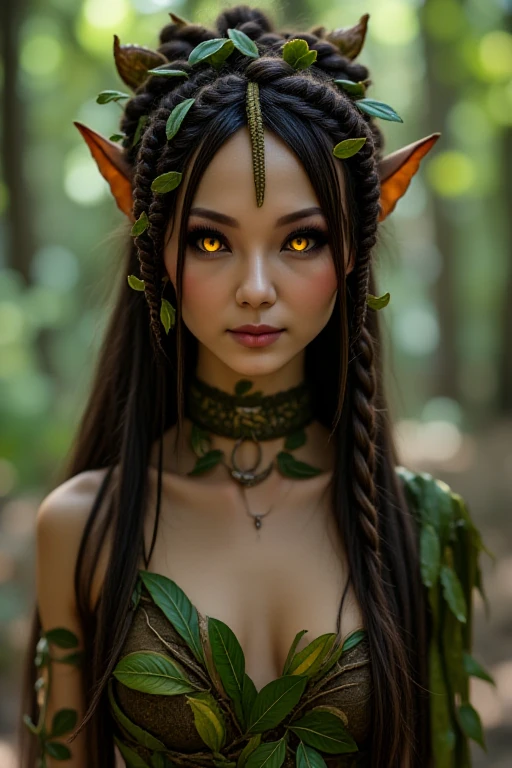 a high quality hyper realistic photo of AmeshinBoo as a wood elf with dark brown braided hair with twists and twirls, glowing yellow eyes, and a badass dress made of leaves and twigs