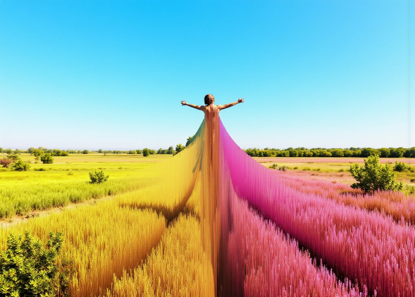 The image is a high-resolution, dramatically composed, photograph of vibrant and colorful landscape, with a field of flowers spanning as far as the eye can see. An artistic female body is floating into the air with her arms spread. The entire image has sorted glitchy pixels swirled and smeared in all directions.