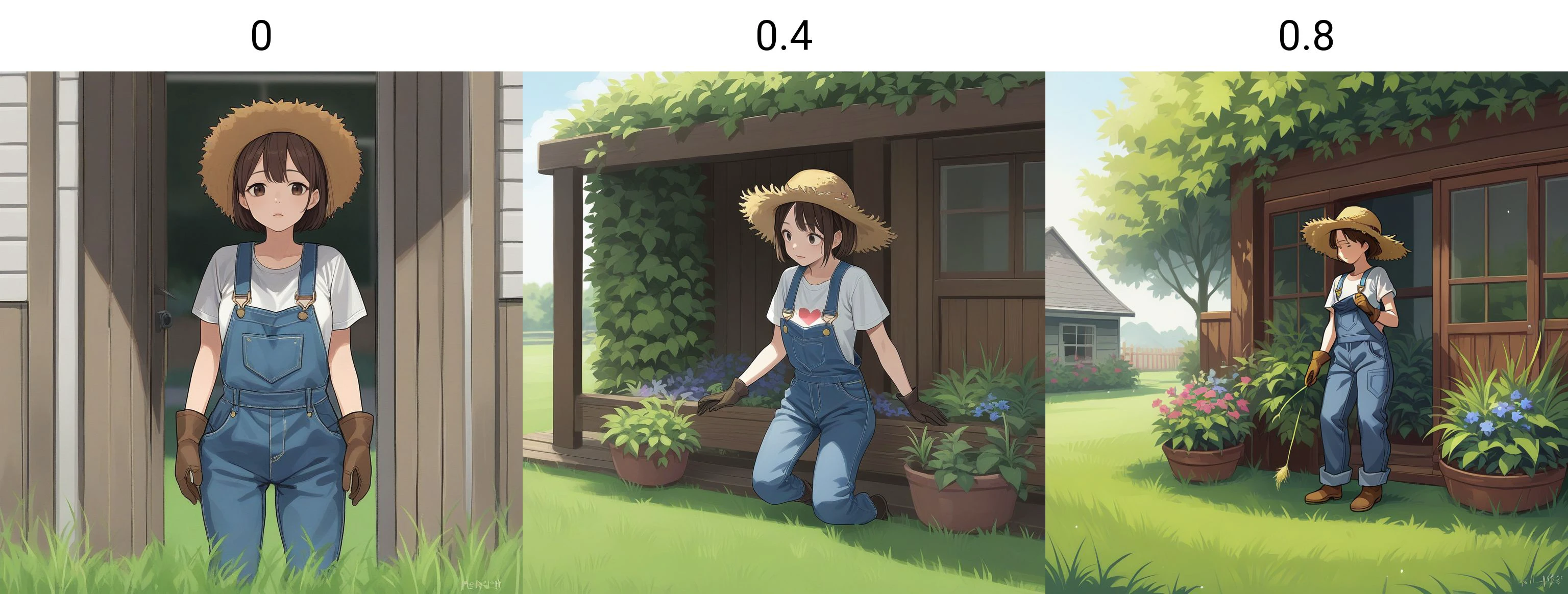 score_9, score_8_up, score_7_up, score_6_up, score_5_up, score_4_up, zPDXL2,source_anime,rating_questionable, 1girl, solo, short brown hair, overalls, t-shirt, gloves, straw hat,<lora:Backyard:0> b4cky4rd, outdoors, grass,deck , garden