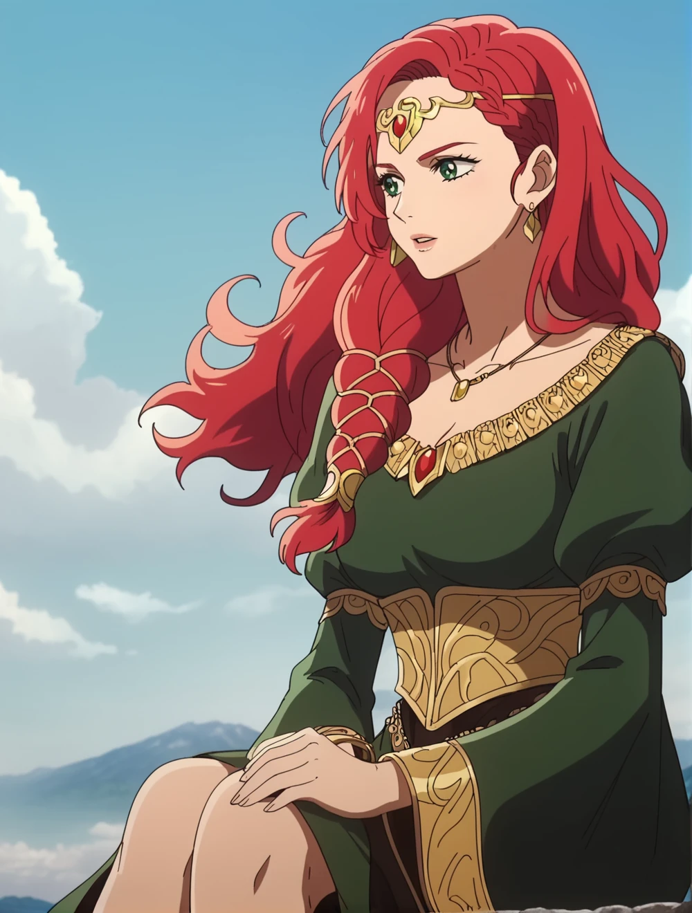 score_9, score_8_up, score_7_up, (anime coloring), anime screencap, clean outlines, <lora:HeraLOTR:0.9>, HeraLOTR, solo, red hair, long hair, braid, green dress, jewelry, necklace, earrings, circlet, green eyes, flowing hair, long sleeves, breasts, on mountain, detailed background, realistic background, dark scenery, godrays, depth of field, shadows, yellow tint, sitting on rock, knees, sky, clouds