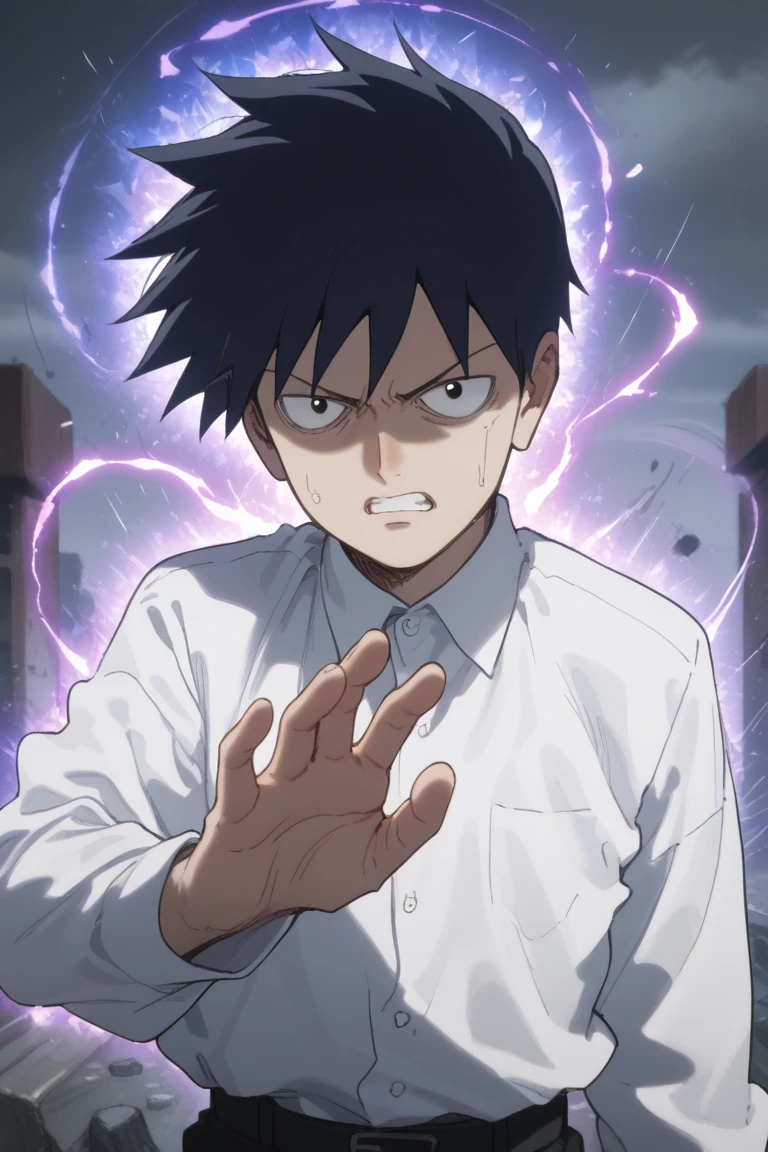 score_9,score_8_up, score_7_up, score_6_up,
ritsu kageyama, black hair, black eyes, 1boy, male focus, solo, aura, teeth, clenched teeth, shirt, white shirt, anime coloring, upper body, long sleeves