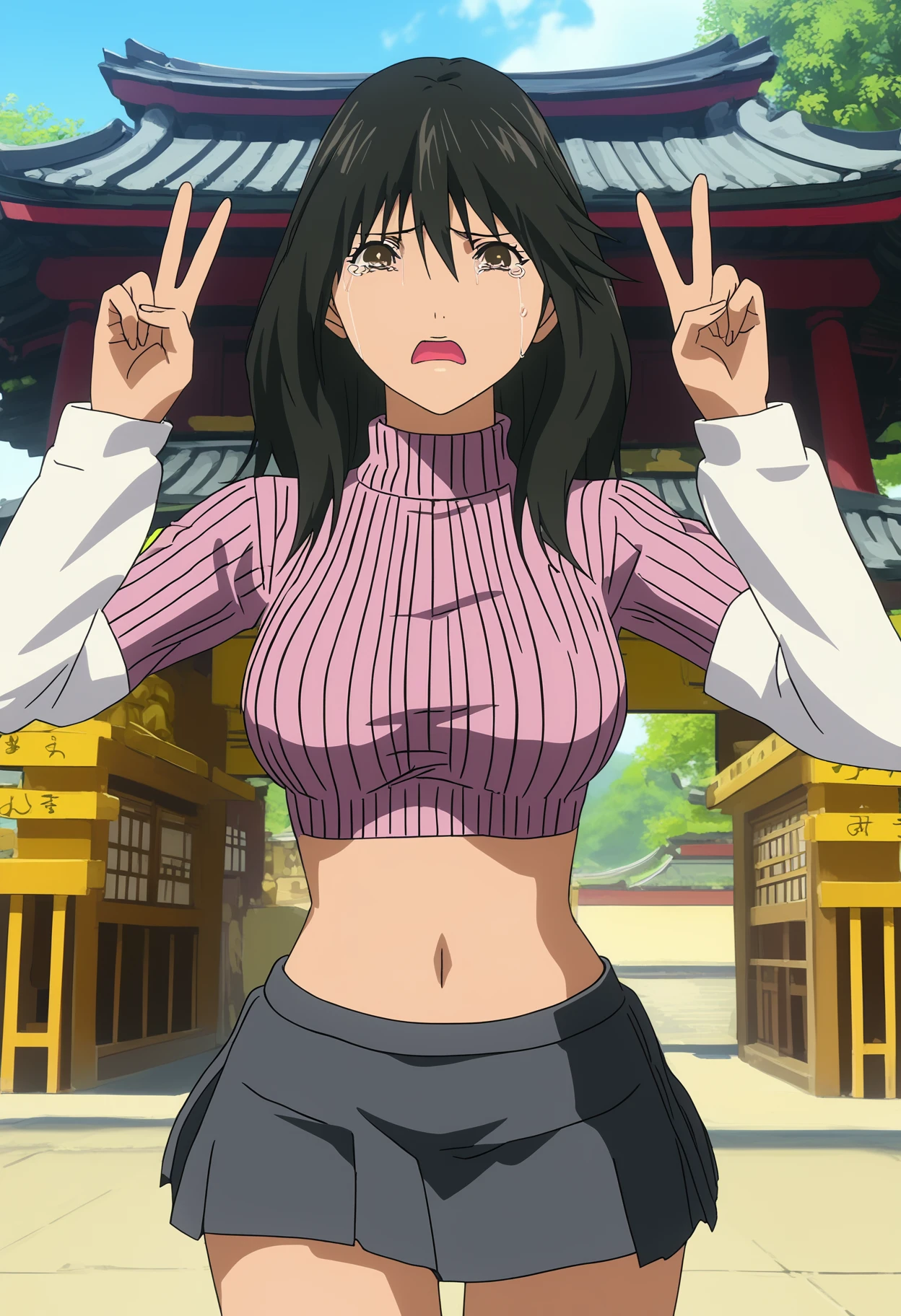 score_9, score_8_up, score_7_up, source_anime, BREAK 1girl, solo, anime screencap, anime coloring, black hair, brown eyes, large breast, <lora:misakiya:1>, (victory pose), (Antique brass)(Ribbed turtleneck crop top with long sleeves.:1.2), (Ocean blue)(Sequin mini skirt), (pagoda background:1.2), (look), (tearing up)