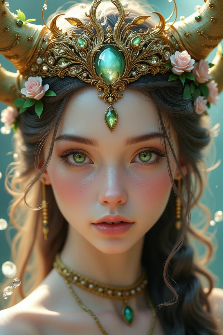 This is a highly detailed, fantastical digital artwork featuring a young woman with an ethereal, otherworldly appearance. She has piercing green eyes, fair skin, and delicate, expressive features. Her hair is styled in loose, flowing curls, adorned with intricate, ornate jewelry and delicate, shimmering leaves. She wears an elaborate, ornate headdress that resembles a crown, adorned with gold, pearls, and delicate flowers, which adds to her regal and fantastical appearance.