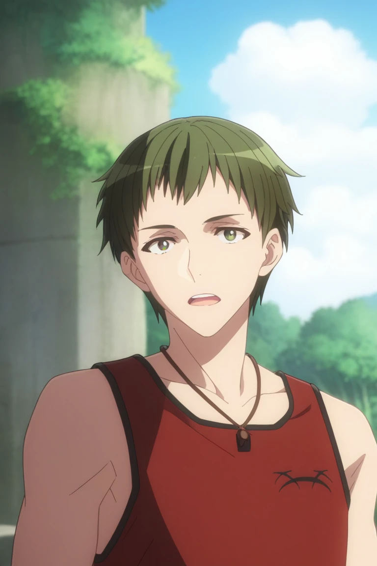 score_9,score_8_up, score_7_up, score_6_up,
ryuuji nojima, green hair, green eyes, 1boy, male focus, solo, outdoors, tree, open mouth, looking at viewer, upper body, sky, collarbone, tank top, teeth, short hair, blurry, cloud, jewelry, palm tree, necklace