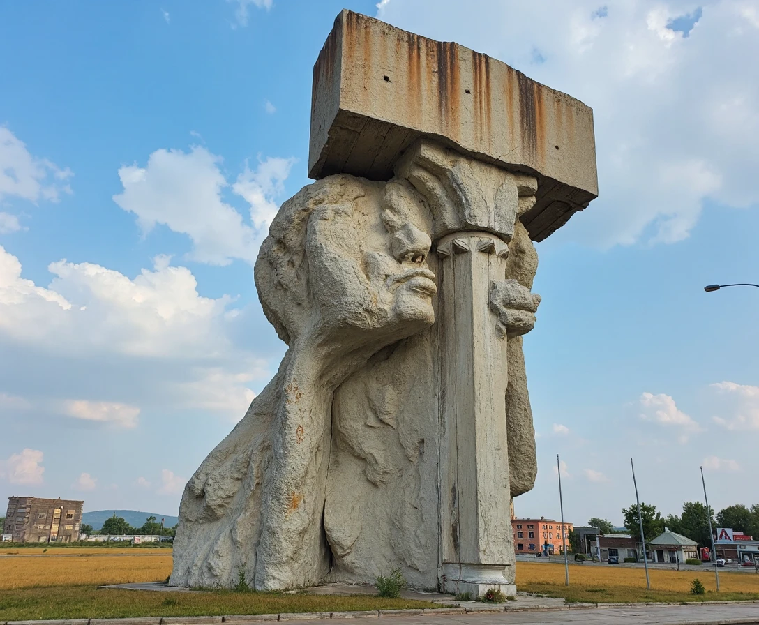 GRUNGE, old USSR soviet concrete statue holding a hammer, small industrial city