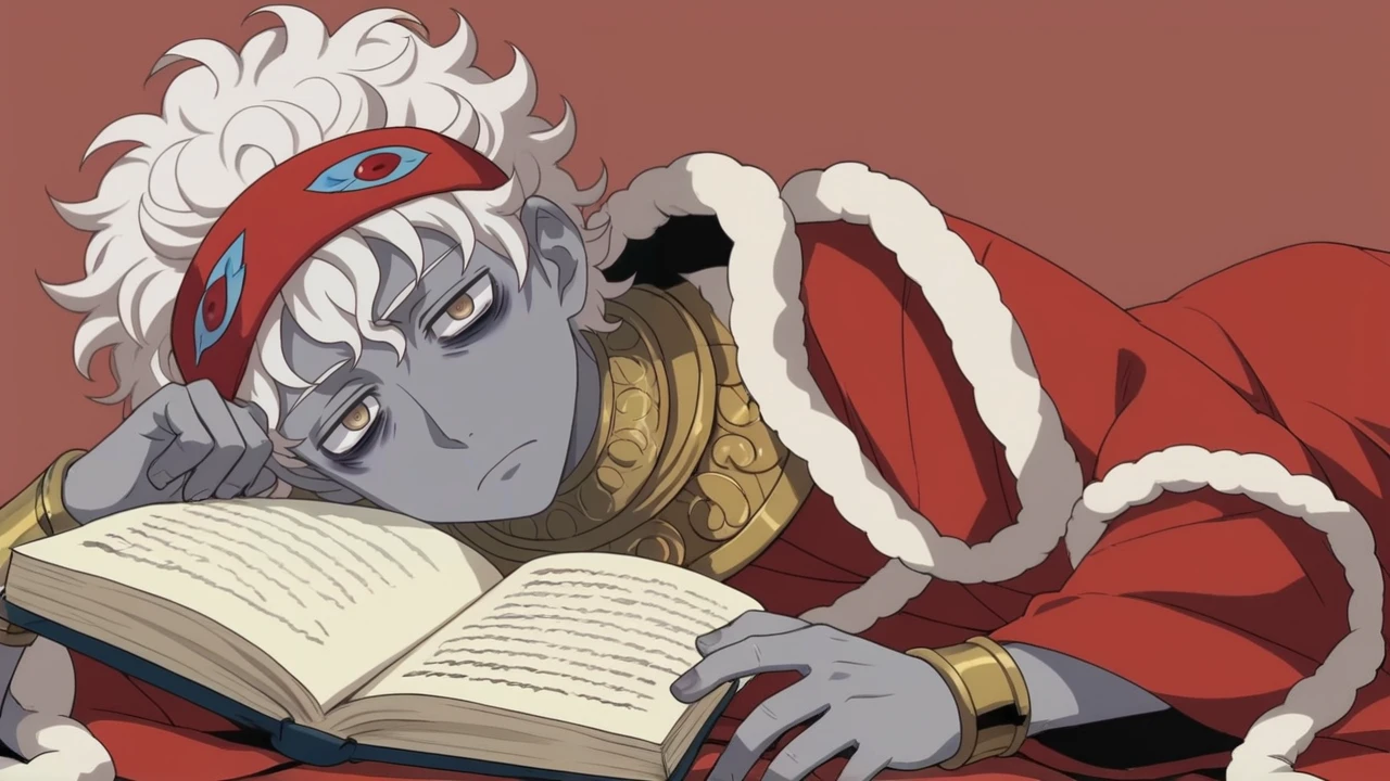 safe_pos, score_9, score_5_up, score_4_up, best quality,  source_anime, anime screencap, uncensored, 1boy, solo, beige eyes, bags under eyes, sleeping mask headband, grey skin, white hair, curly hair, book on hand, feather on hand, greek clothes, lying down, on red bed, <lora:Hypnos_Hades_Character_Lora:1>