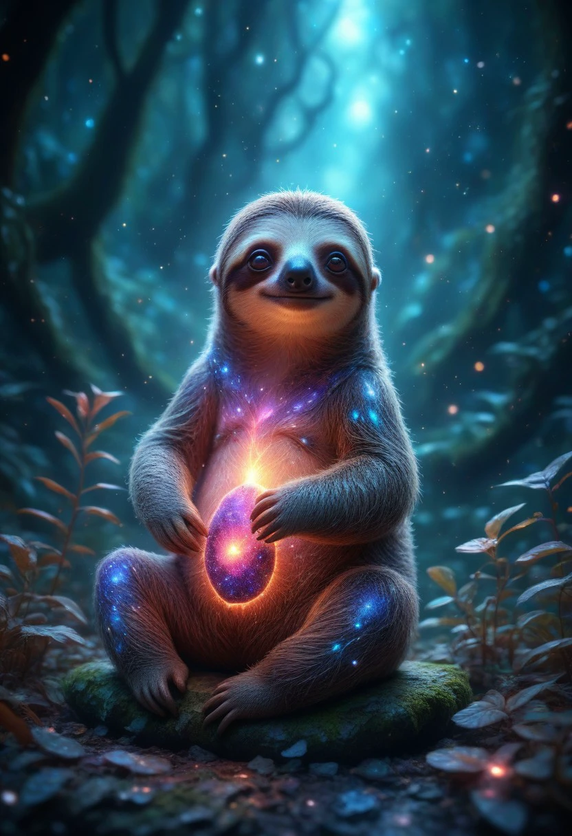 glowing galaxy cracks, elaborate cute sloth, in the rainforest