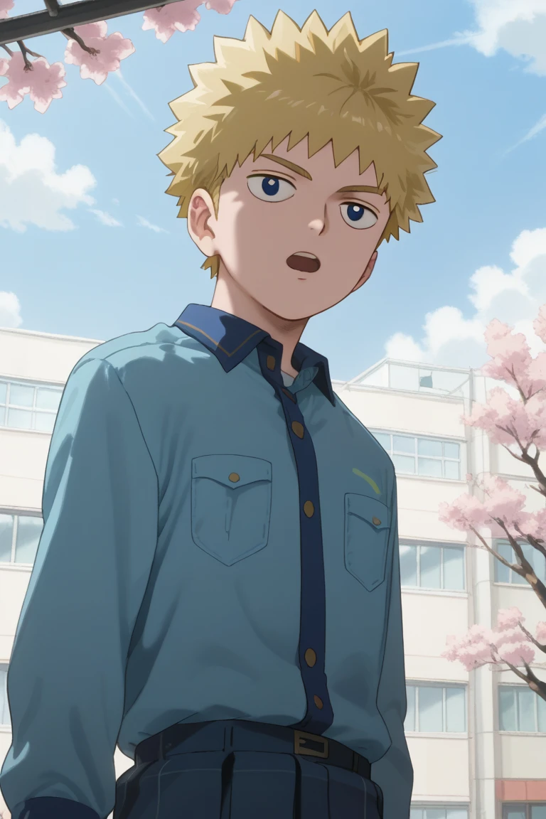 score_9,score_8_up, score_7_up, score_6_up,
hanazawa teruki, blonde hair, blue eyes, 1boy, male focus, solo, school uniform, open mouth, tree, sky, outdoors, short hair, day, long sleeves, shirt, anime coloring, cloud, building