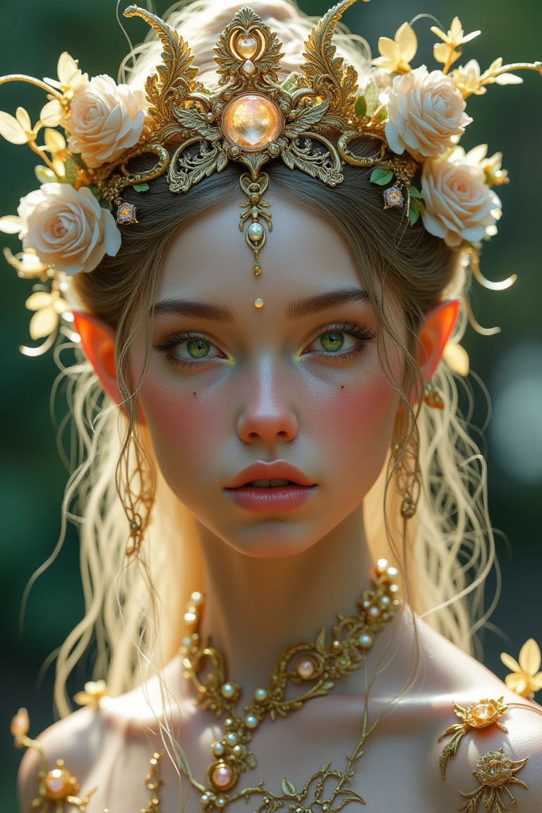 This is a highly detailed, fantastical digital artwork featuring a young woman with an ethereal, otherworldly appearance. She has piercing green eyes, fair skin, and delicate, expressive features. Her hair is styled in loose, flowing curls, adorned with intricate, ornate jewelry and delicate, shimmering leaves. She wears an elaborate, ornate headdress that resembles a crown, adorned with gold, pearls, and delicate flowers, which adds to her regal and fantastical appearance.