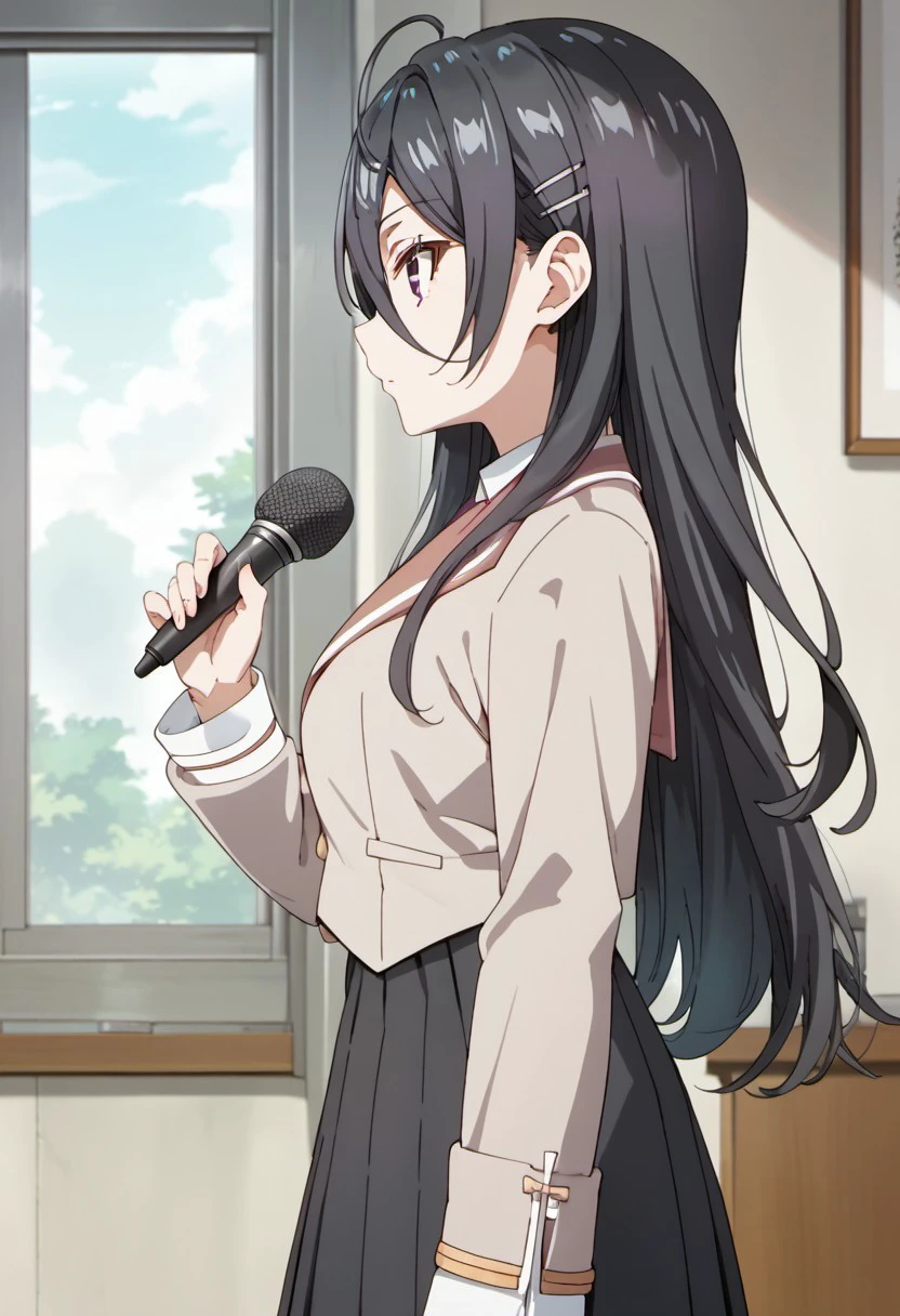 score_9, score_8_up, score_7_up, source_anime,ayano kimishima, long hair, black hair, hair between eyes, purple eyes, 1girl, solo, hair ornament, hairclip, school uniform, from side, skirt, long sleeves, indoors, black skirt, microphone